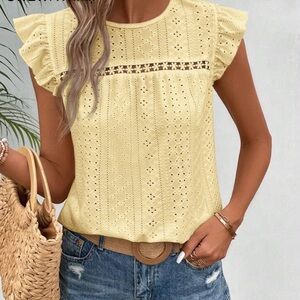 New Yellow Eyelet Lace short sleeve Top
